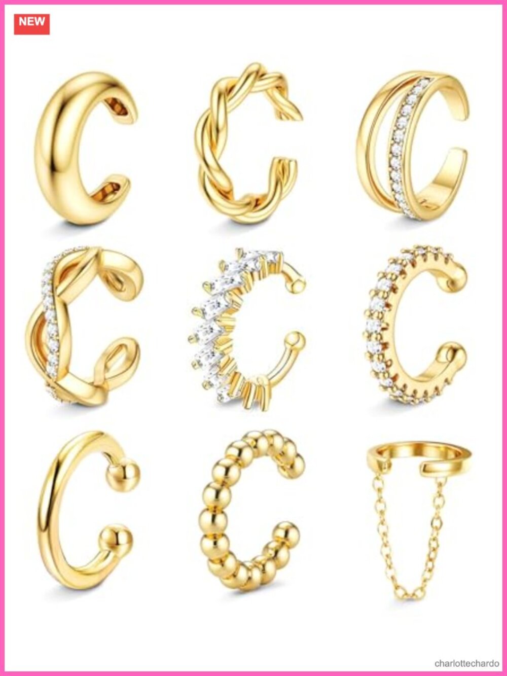 14K Gold Plated Non Piercing Ear Cuff Set 9pcs Adjustable CZ Cartilage Earrings